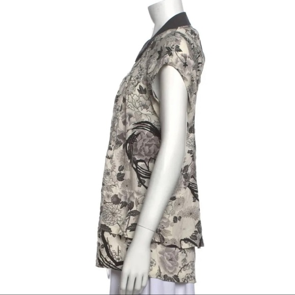 Mayle Sz 2 Black Floral Toile 100% Silk Pleated Ruffle Peplum Keyhole xs Blouse - Picture 5 of 10